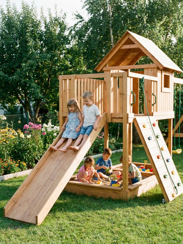 Well-planned DIY kids backyard playground with slide and integrated sandbox in summer sunshine