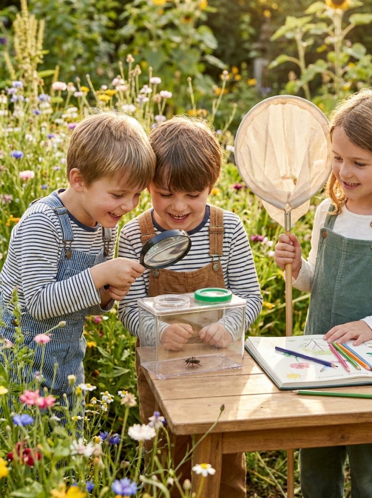 Kids using bug catching kit with magnifying glass examining insects in sunny garden with nature journal nearby