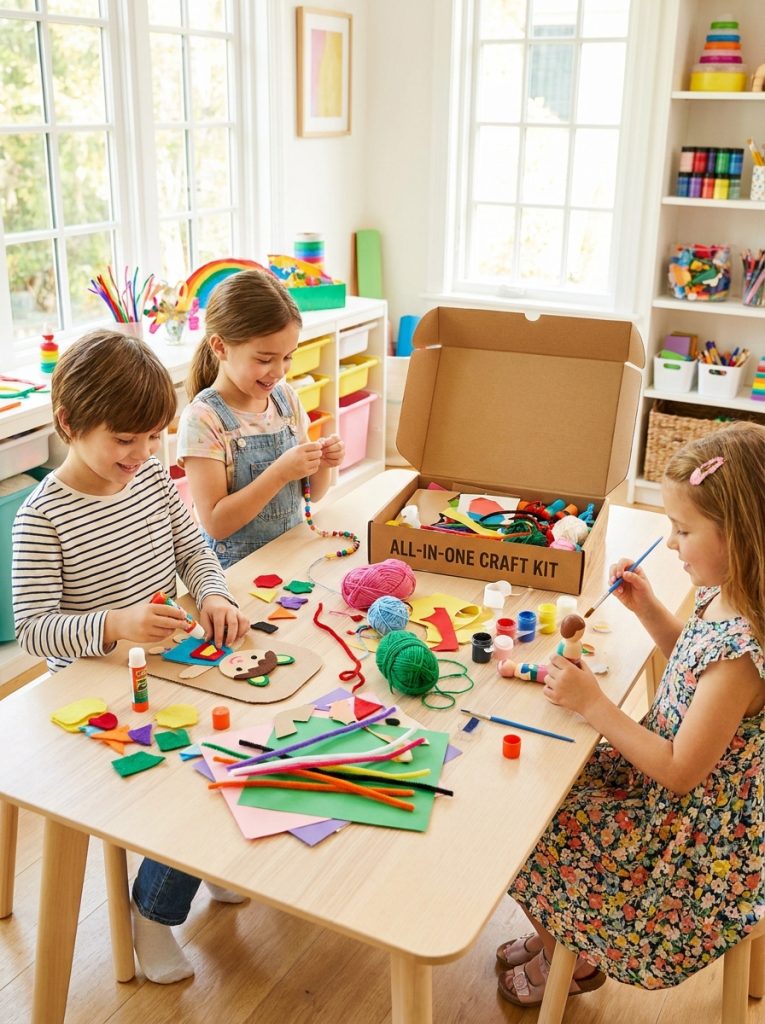 Kids using easy all-in-one craft kit at bright table with colorful materials and multiple projects in cheerful craft session