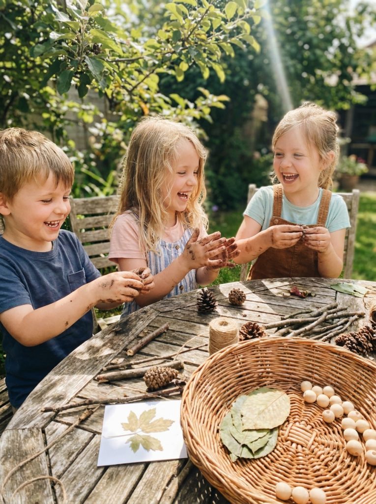 Kids using nature craft supplies with wooden pieces twine and eco materials on bright sunny garden table