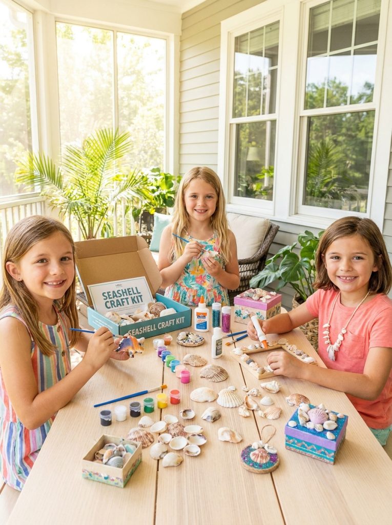 Kids using complete seashell craft kit at bright summer craft table creating multiple seashell projects from all-in-one kit