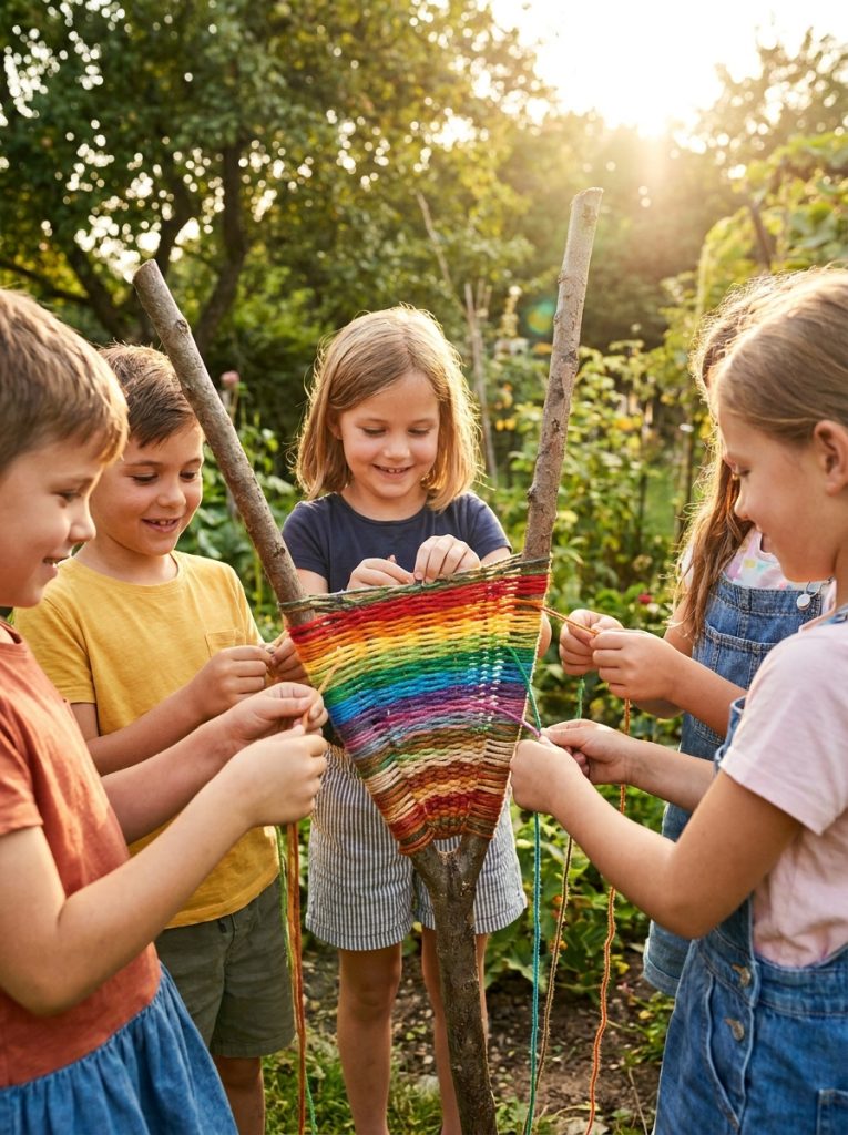 Kids doing outdoor stick weaving with colorful yarn woven through forked Y shaped sticks in sunny garden