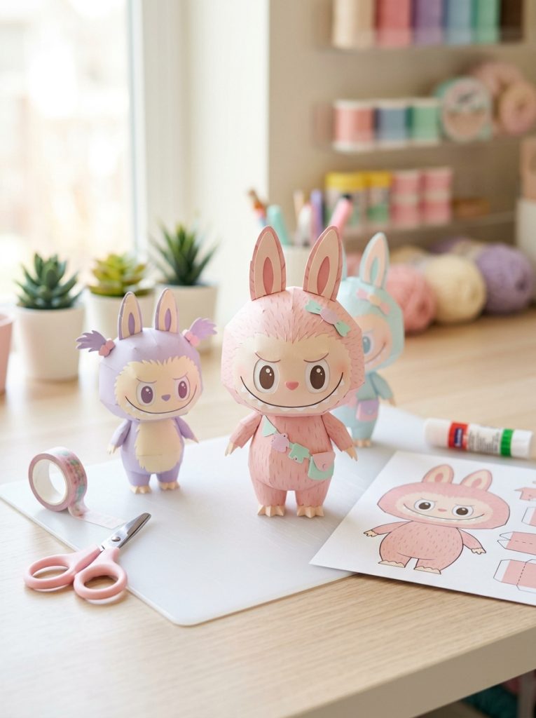  Labubu-inspired printable DIY craft creations with cute monster character paper figures from templates in pink and pastel tones