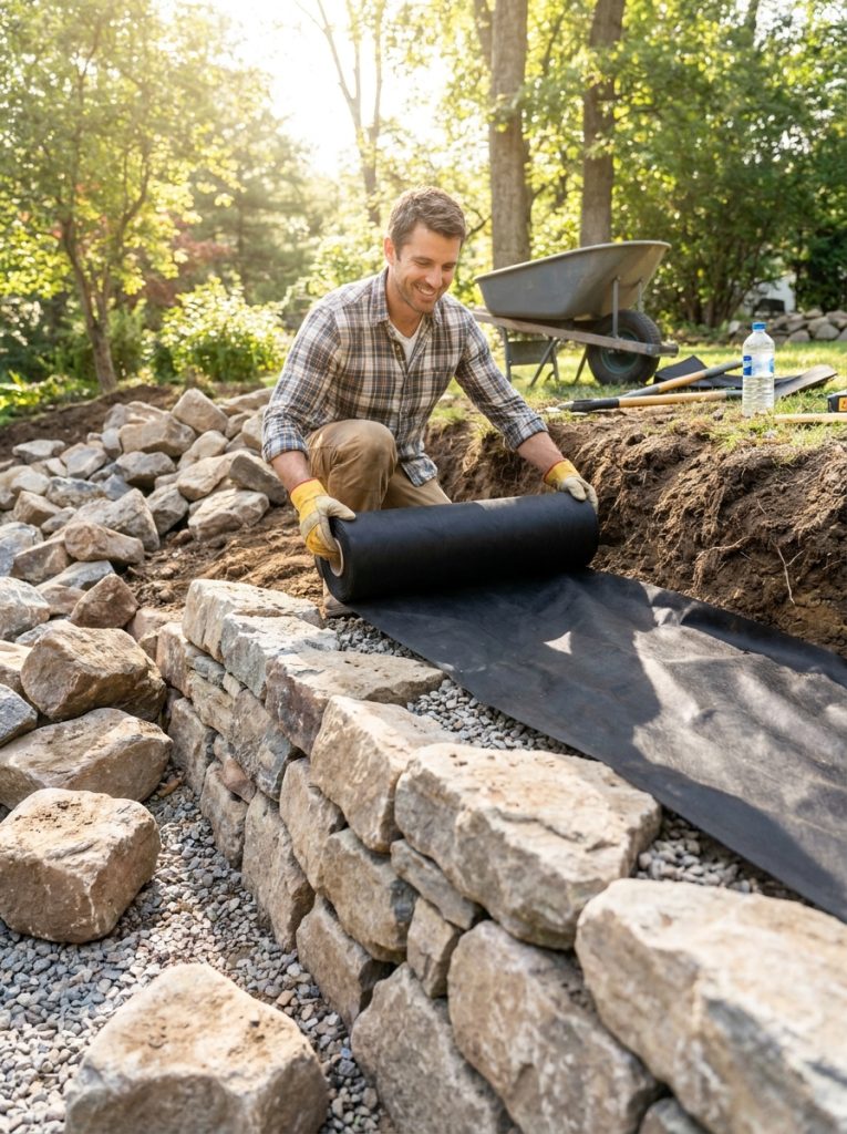 Landscape fabric laid behind natural rock retaining wall as drainage barrier showing proper wall construction detail
