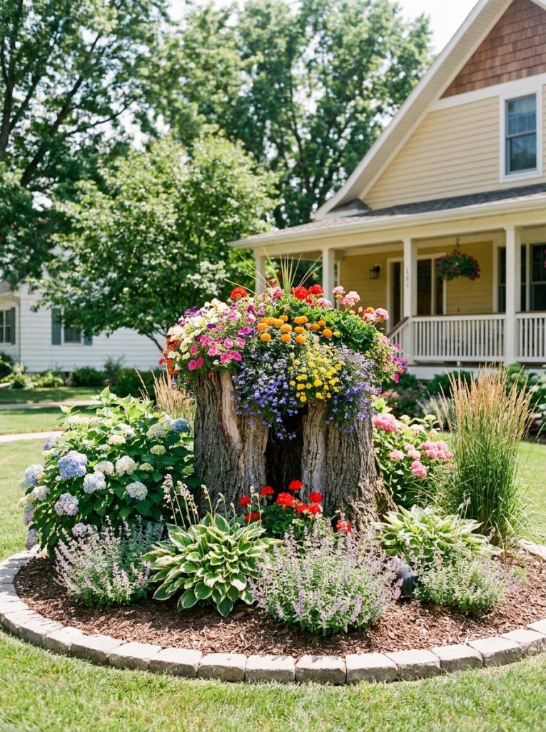 Beautifully landscaped front yard with tree stump as central feature surrounded by circular flower bed and stone edging