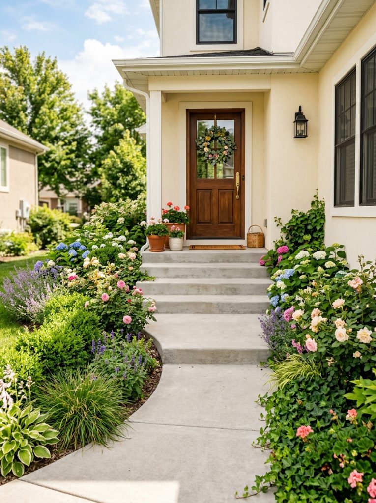 Beautiful landscaping around concrete front entry steps with plants and shrubs softening hard surfaces in welcoming sunny entryway 