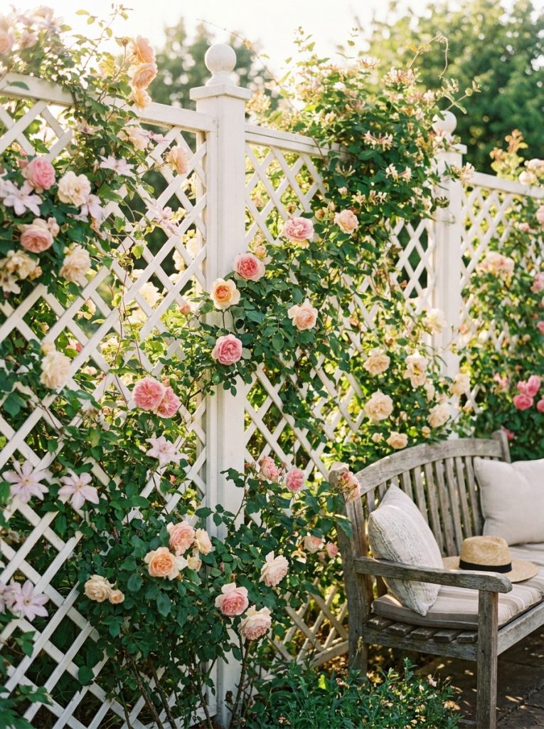  Beautiful white lattice fence panels with climbing roses and flowering vines in bright sunny cottage garden