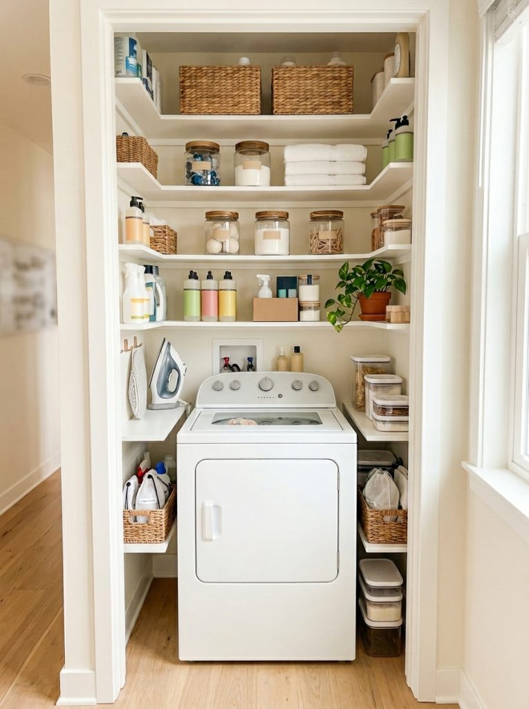  Clever small laundry nook with top loader machine fitted inside with wall shelves on both sides using every inch of space