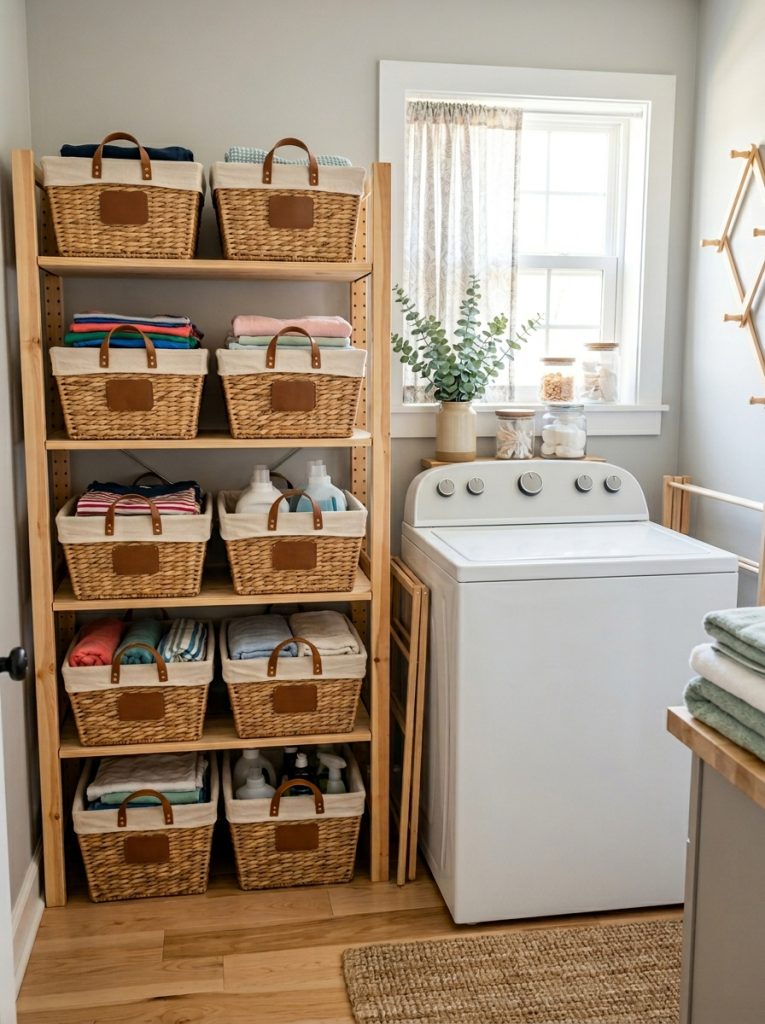  Beautifully organized laundry room storage baskets on shelves beside top loader machine with labeled matching baskets