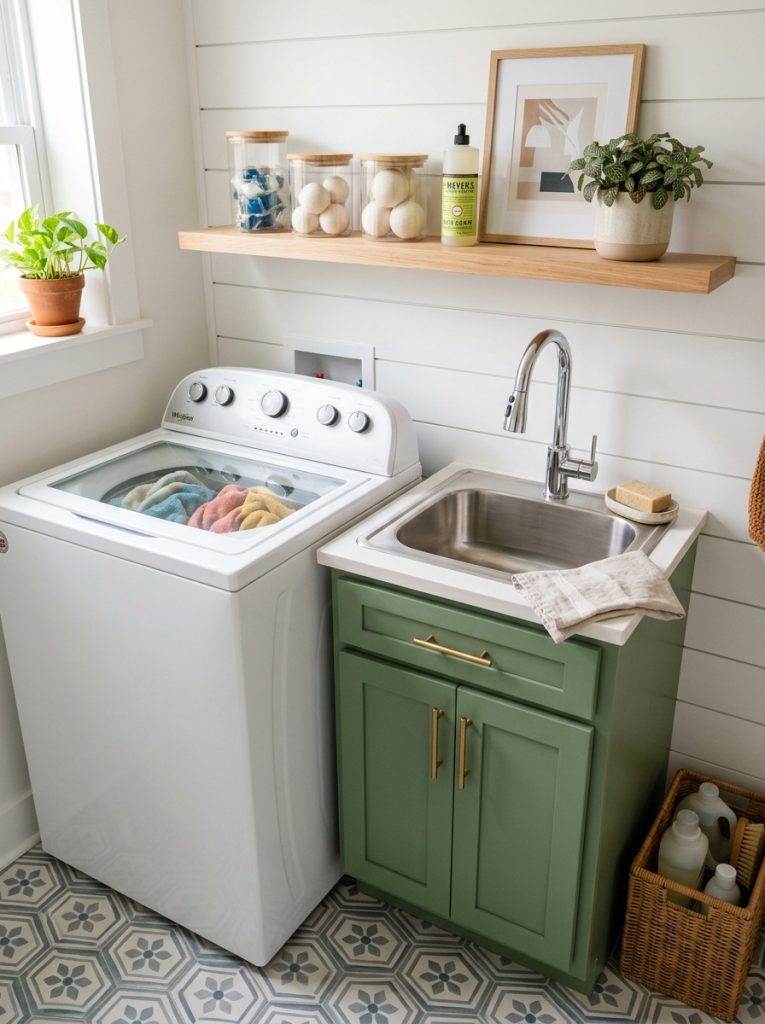Compact laundry sink installed in small laundry room beside top loader washing machine with cabinet below 
