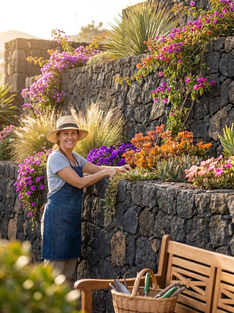 Dramatic dark lava rock retaining wall with bright flowering plants and succulents creating striking color contrast
