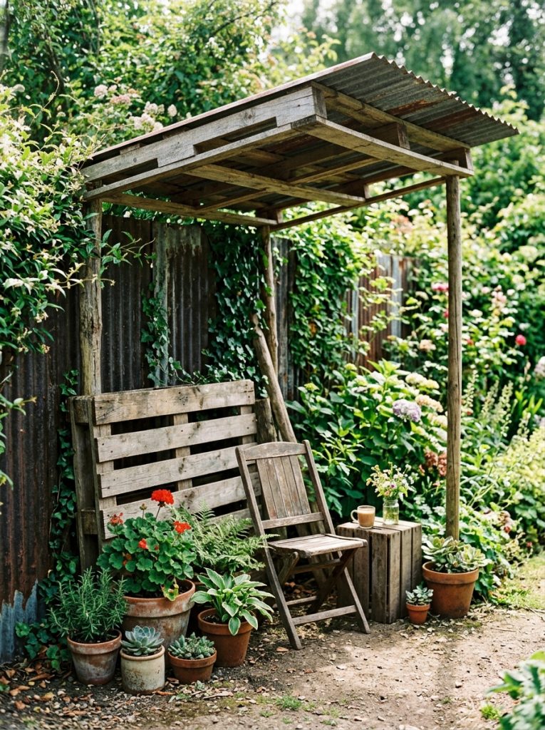 Rustic lean-to shade structure from pallets against garden fence with chair below