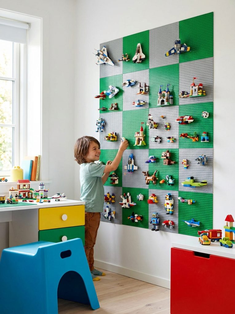 Creative lego baseplate display wall with small builds attached in colorful bright kids room