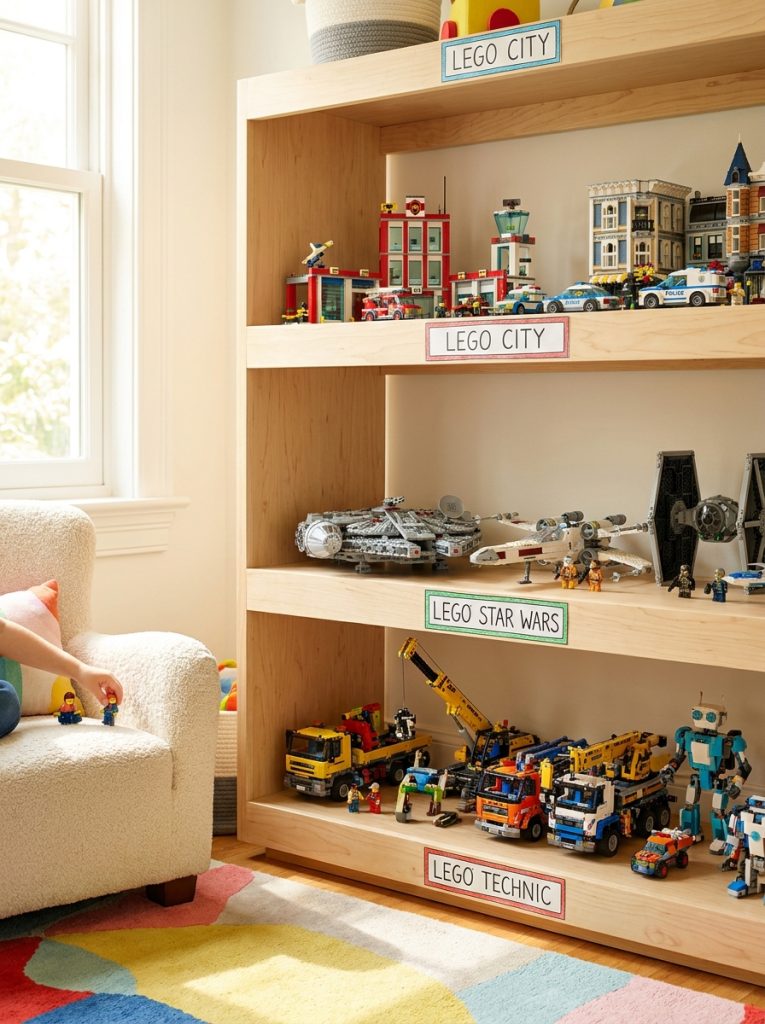  Beautiful lego themed display shelves in kids room with city star wars and technic sets grouped