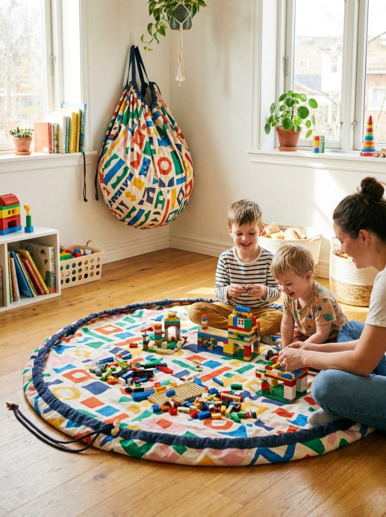 Lego play mat with drawstring edges spread out with bricks for building in bright kids room