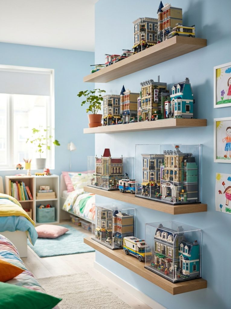  Completed lego sets displayed on floating wall shelves at different heights in bright kids bedroom