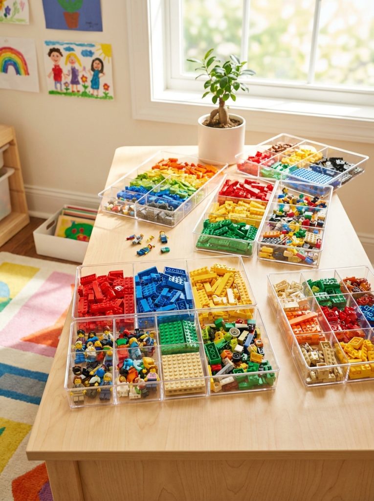  Lego sorting trays with divided sections filled with sorted bricks by color on kids desk