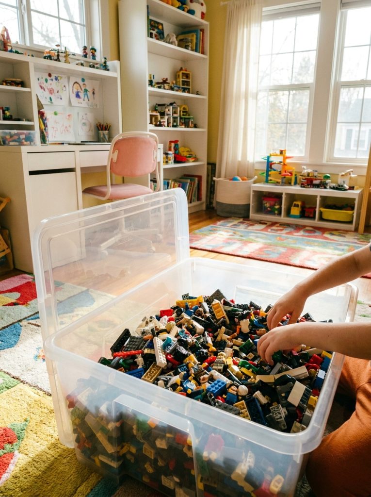 Large deep lego storage bin filled with bulk mixed lego brick collection in bright kids room
