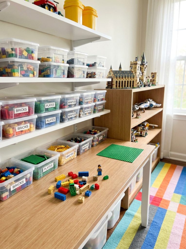  Complete assembled lego storage station with building desk clear bins and display shelves in kids room