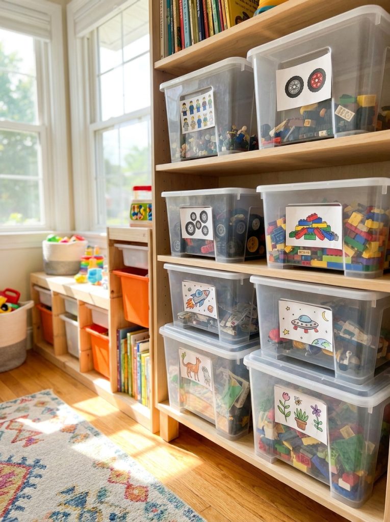 Creative lego storage bins with fun themed minifigure and brick labels on kids room shelf