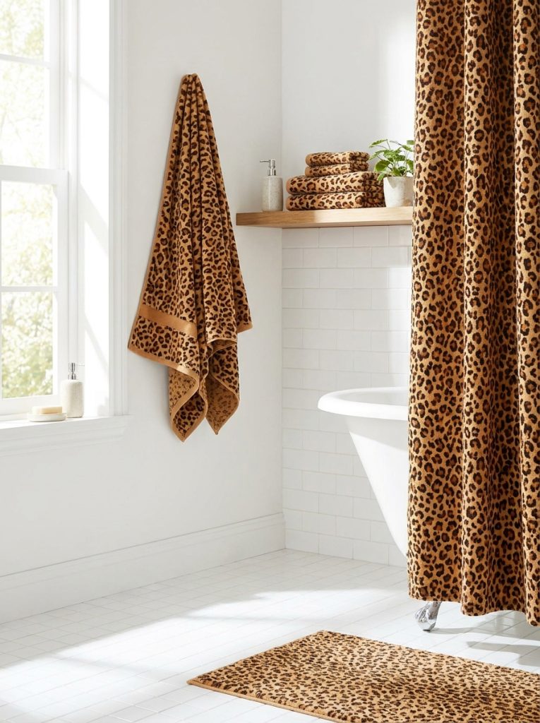 Bold beautiful leopard print bathroom decor with accessories towels and accents in warm caramel tones against white tiles