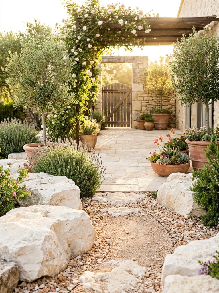 Beautiful limestone rock landscaping with pale cream limestone rocks as ground cover and pathway edging in sunny Mediterranean garden