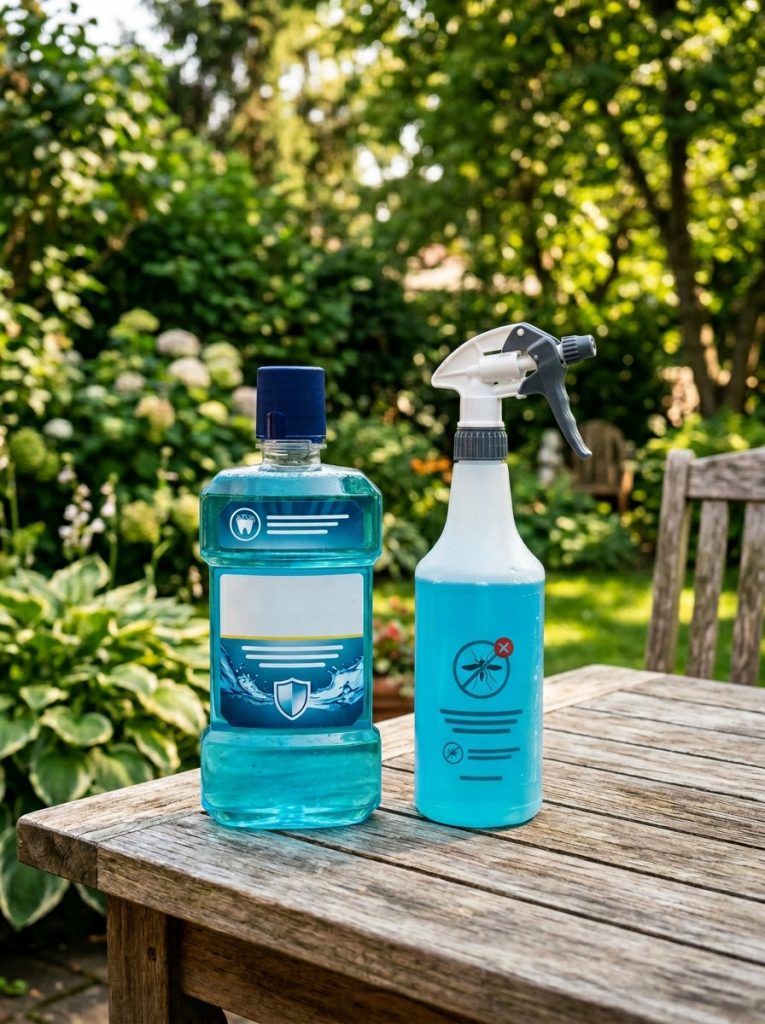 Listerine bottle beside garden spray bottle of Listerine mosquito repellent on patio table