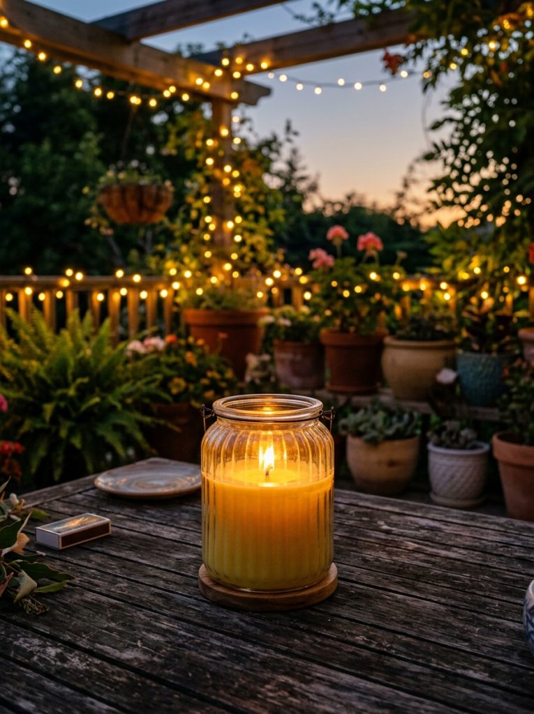 Lit citronella candle in glass jar on wooden outdoor patio table in golden evening light