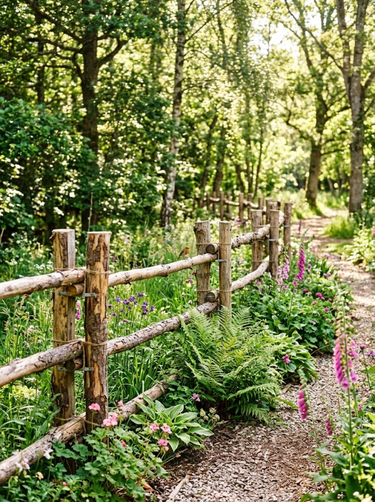 Beautiful log fence with natural logs as posts and rails creating organic rustic boundary with woodland plants in sunny garden