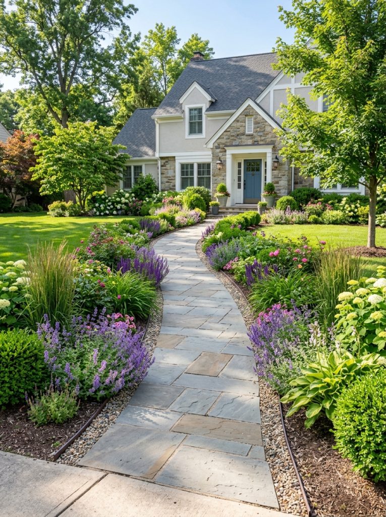 Beautiful long front walkway landscaping with extended path from street to door with planted borders creating dramatic arrival 