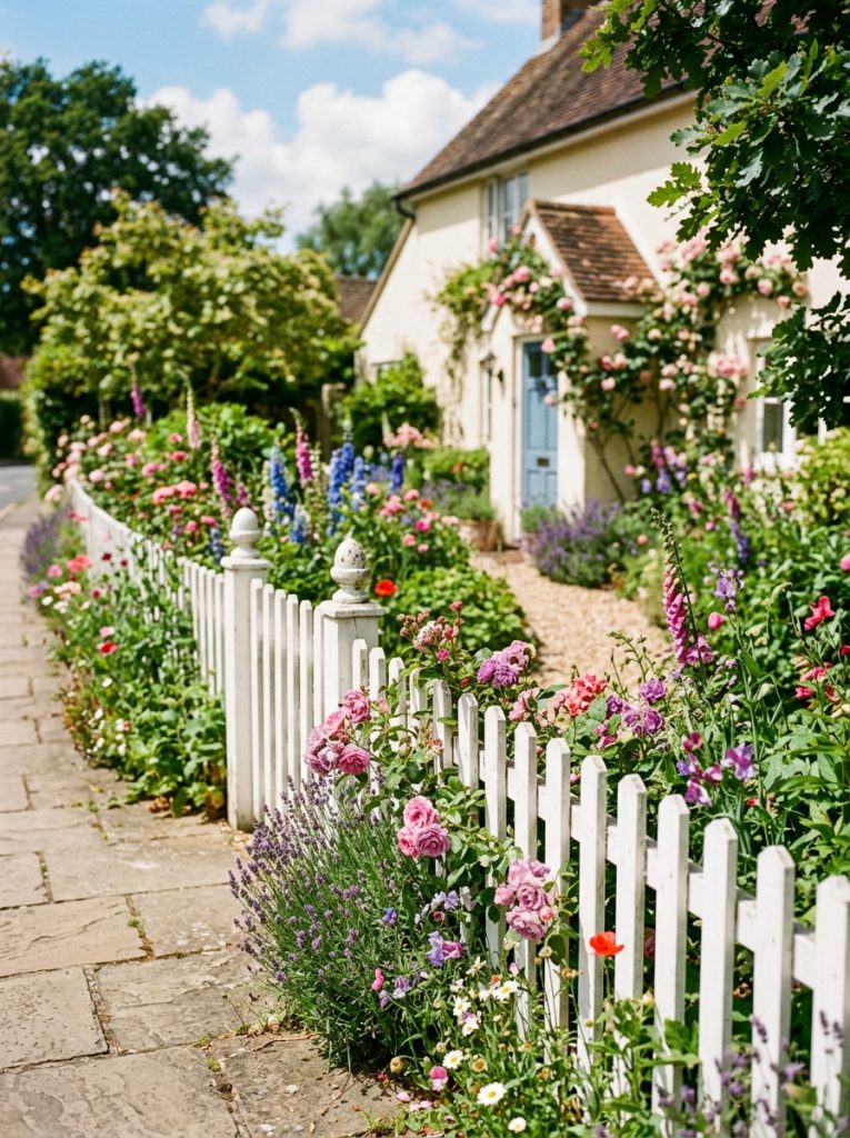Charming short low fence defining front garden from pavement with cottage plants growing behind in sunny welcoming front yard
