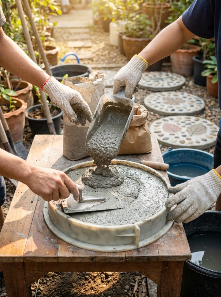 DIY concrete stepping stone being made with fresh concrete poured into circular mold smoothed to flat surface ready for decoration