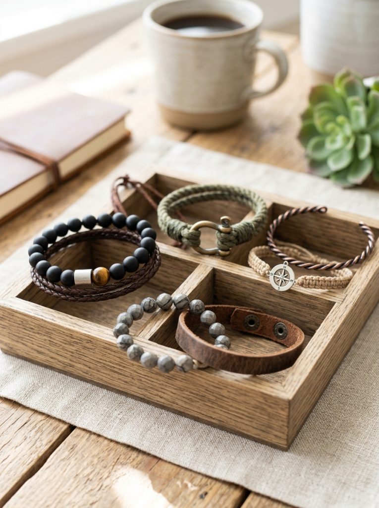 Beautiful simple men's homemade bracelet ideas with natural stone leather cord braided rope and metal accents in neutral tones