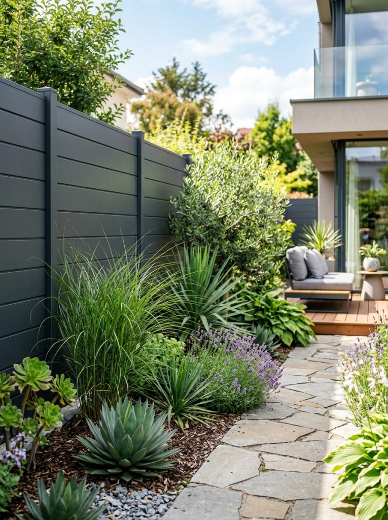 Sleek metal privacy fence with contemporary panels and architectural plants creating sophisticated modern private garden
