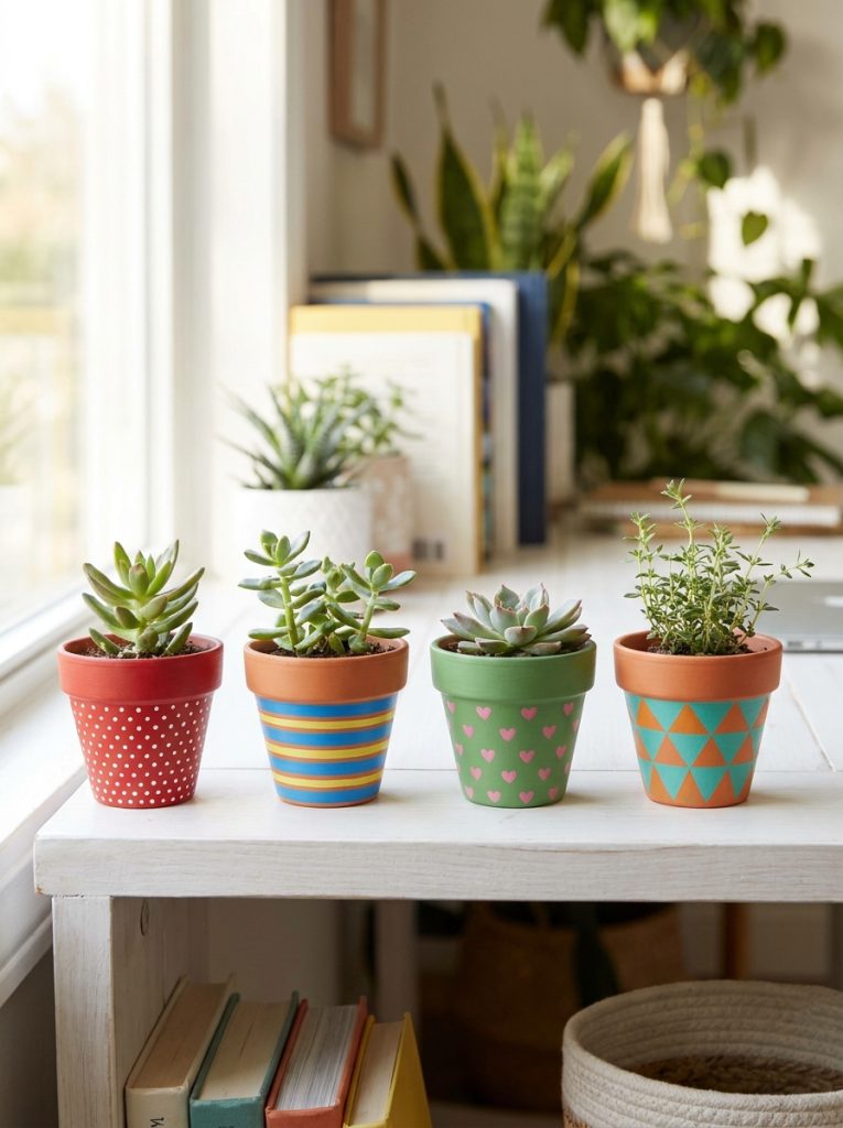 Collection of adorable mini terracotta pots each painted with dots stripes hearts and geometric patterns on shelf