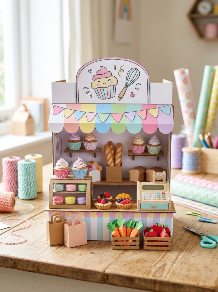 Creative printable DIY crafts food shop play setup with assembled 3D paper food items miniature shop display and printed signage