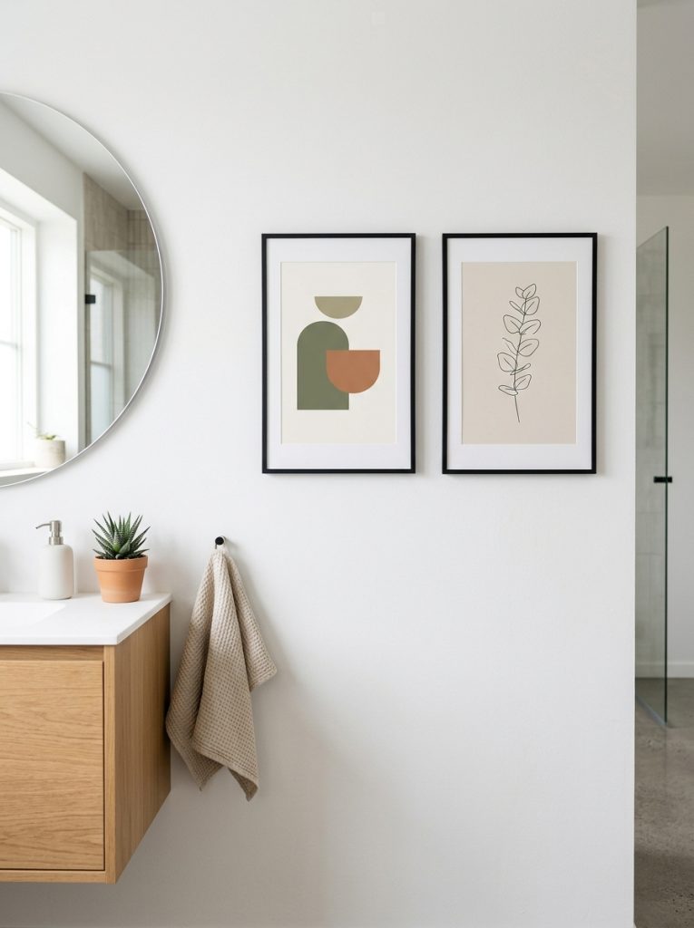 Beautiful modern minimalist bathroom picture display with one or two minimalist prints in sleek frames on clean white wall