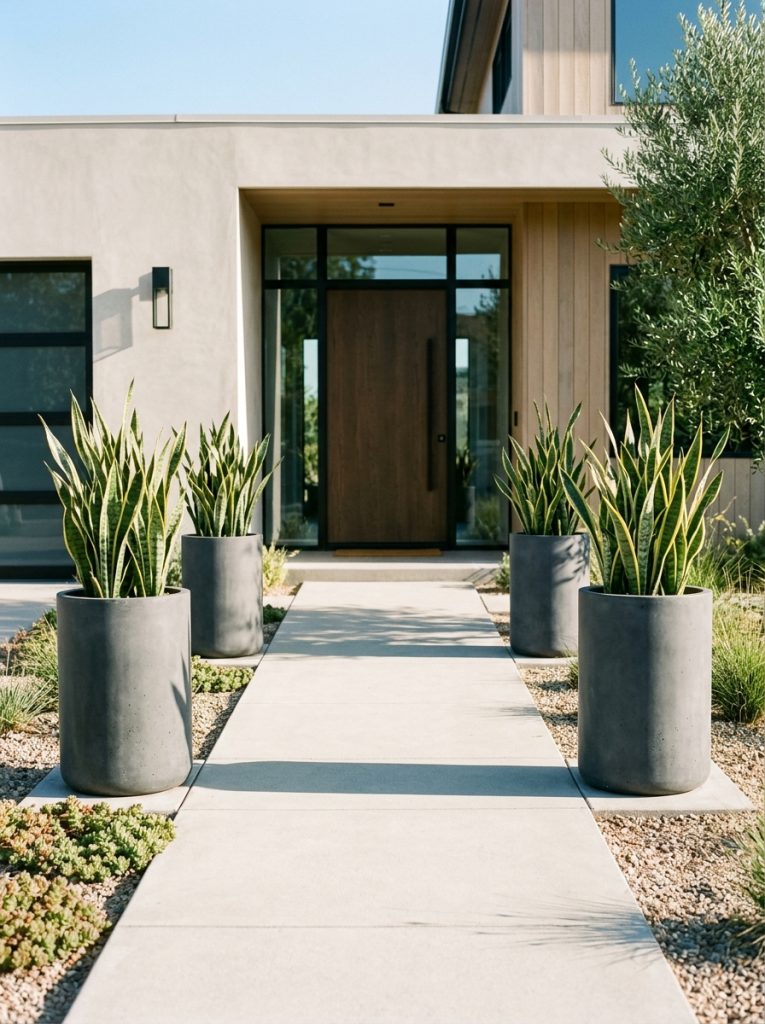  Beautiful minimalist pots front walkway entryway with matching large pots and architectural plants on sides of clean straight path 