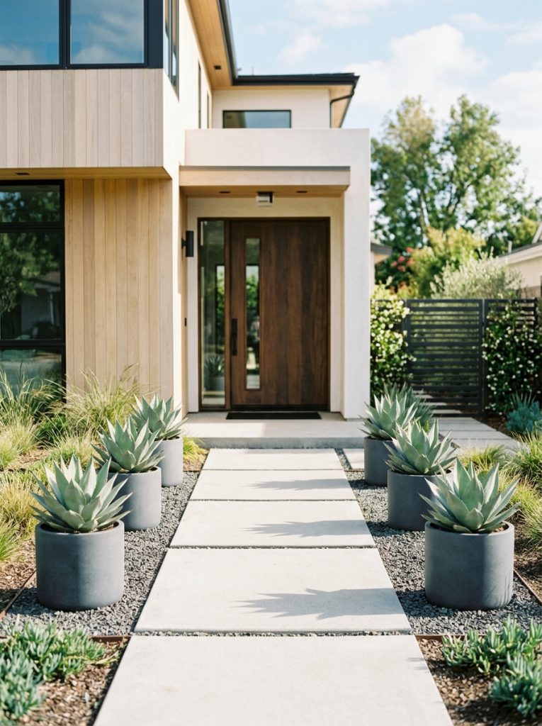 Beautiful minimalist front walkway landscaping with clean path and identical architectural plants in sophisticated contemporary setting