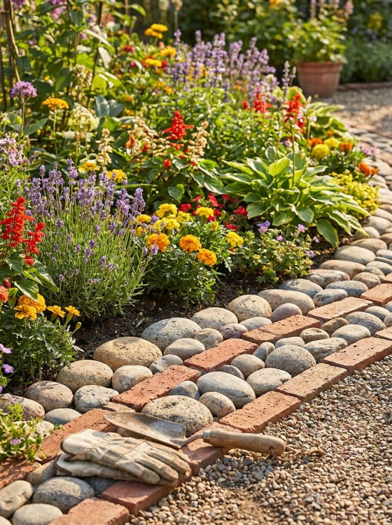 Creative mixed rock and brick landscape edging with alternating natural stones and bricks along garden bed with colorful plants 