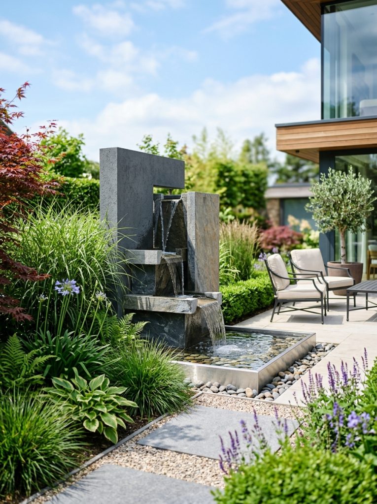  Beautiful modern water fountain with sleek geometric lines contemporary materials in modern minimalist garden with architectural planting 