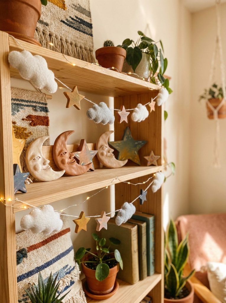 Beautiful DIY whimsical moon and star crafts with clay crescent moon faces wooden stars and celestial decorations on dreamy shelf