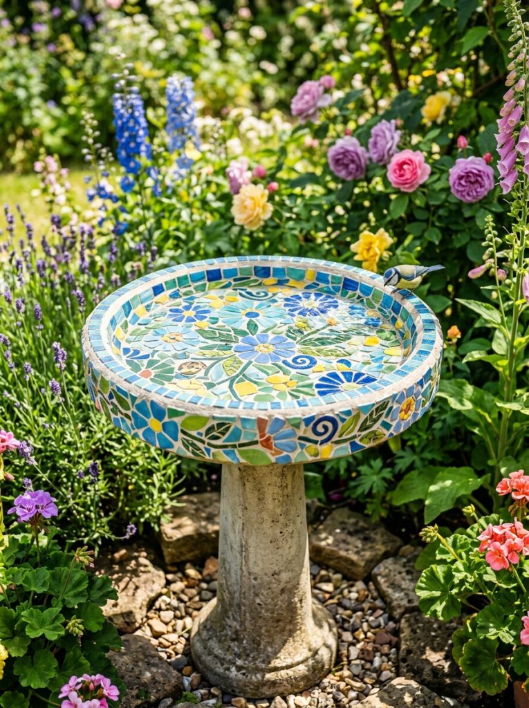 Stunning homemade mosaic bird bath with colorful ceramic tile pieces in floral pattern in cottage garden