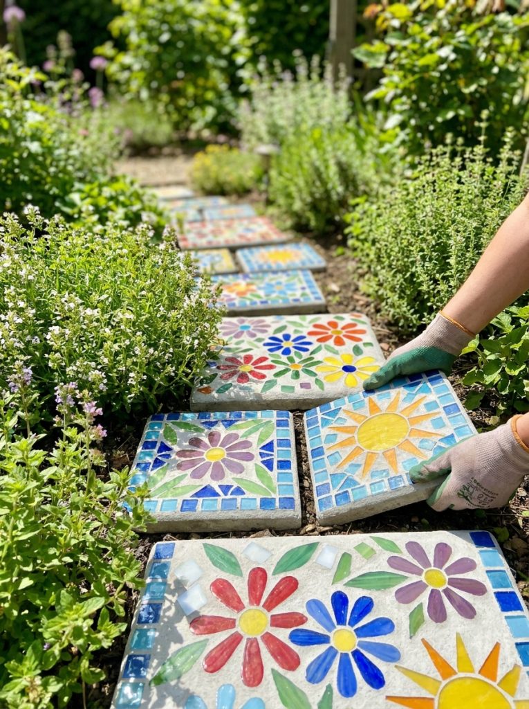 Beautiful mosaic stepping stones DIY with colorful glass tiles in flower mandala and geometric patterns set in grout along garden path