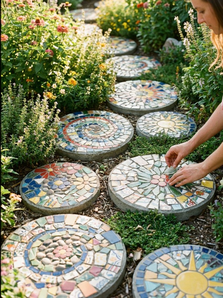 Beautiful DIY mosaic stepping stones with colorful broken tile patterns in garden path as artistic yard decor