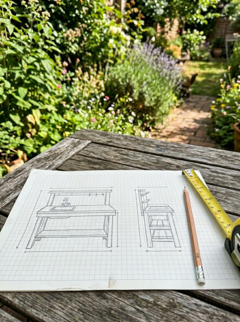  Hand-drawn mud kitchen building plans on graph paper with ruler and tape measure on garden table