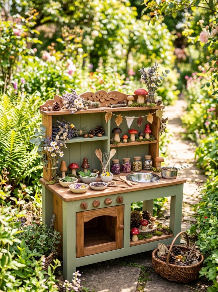 Woodland fairy mud kitchen painted green with pinecones moss mushrooms and natural decorations