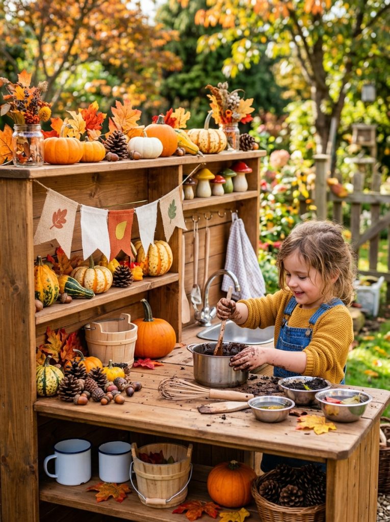 Mud kitchen with seasonal autumn accessories pumpkins acorns leaves and pinecones on shelves