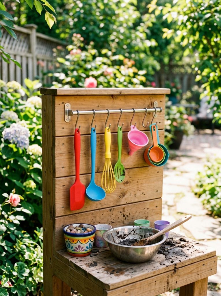 Mud kitchen back panel with colorful kids utensils hanging from hooks on utensil rack
