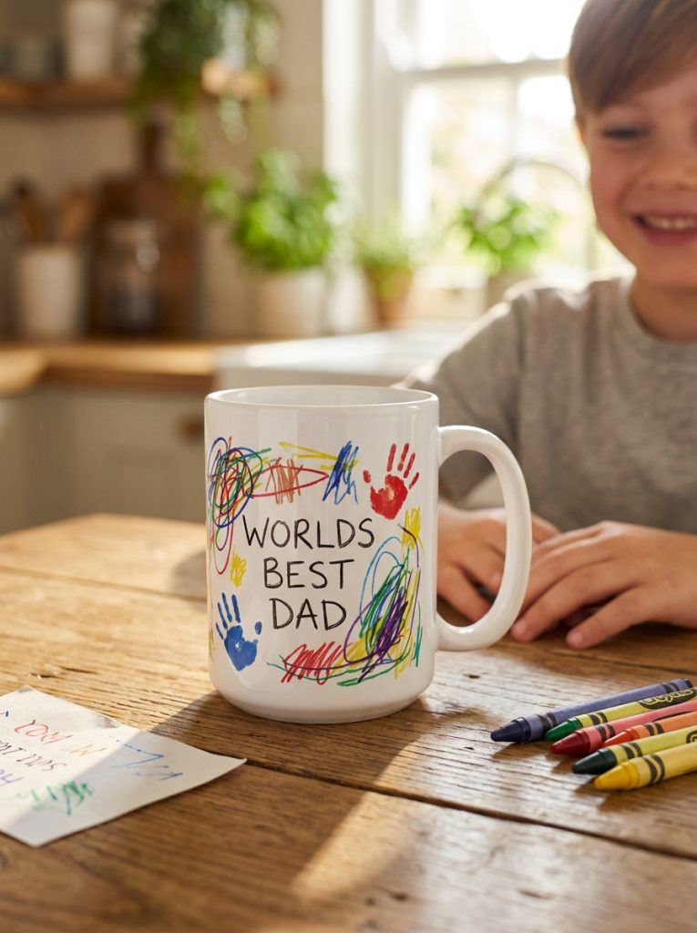  White mug decorated by kids with colorful drawings and worlds best dad message for fathers day